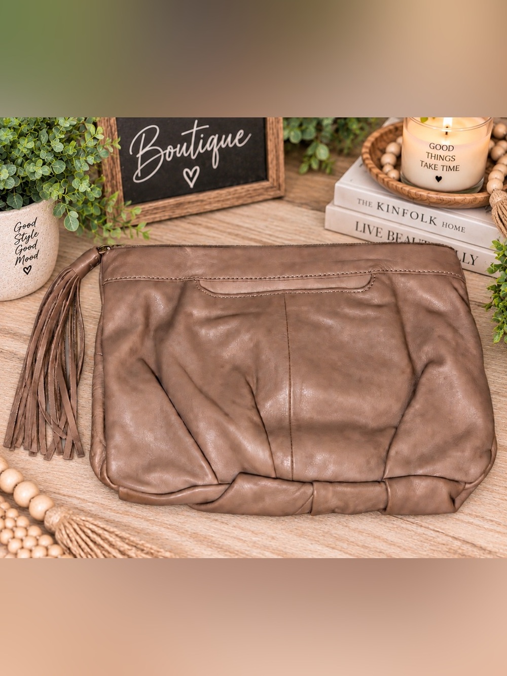 HOBO Taupe Leather Oversized Clutch Wristlet Tassel Organizer